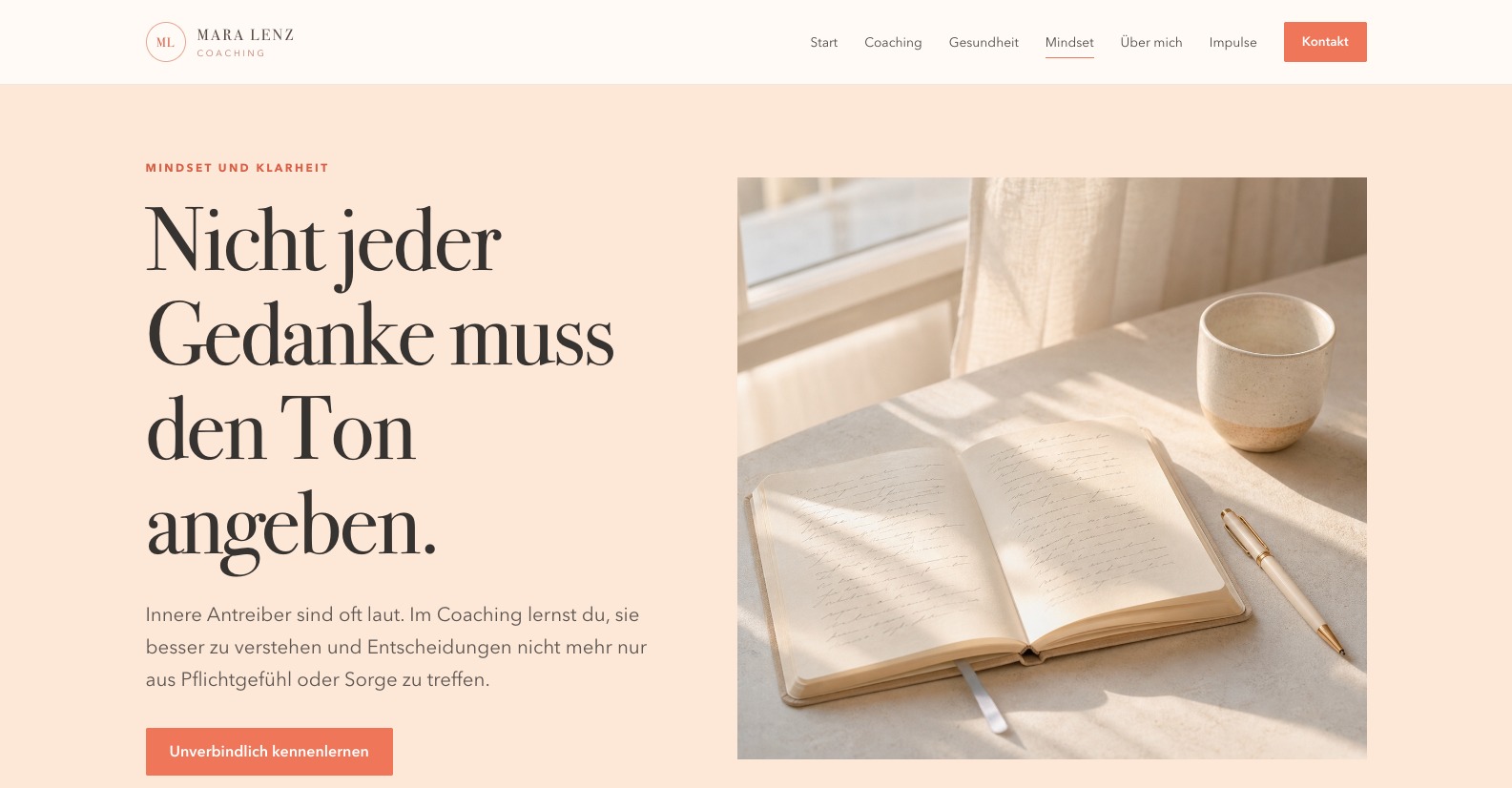 Mindset-Seite des fiktiven Coaching-Konzepts Mara Lenz mit großer Überschrift, ruhiger Bildwelt und Gesprächsaufforderung