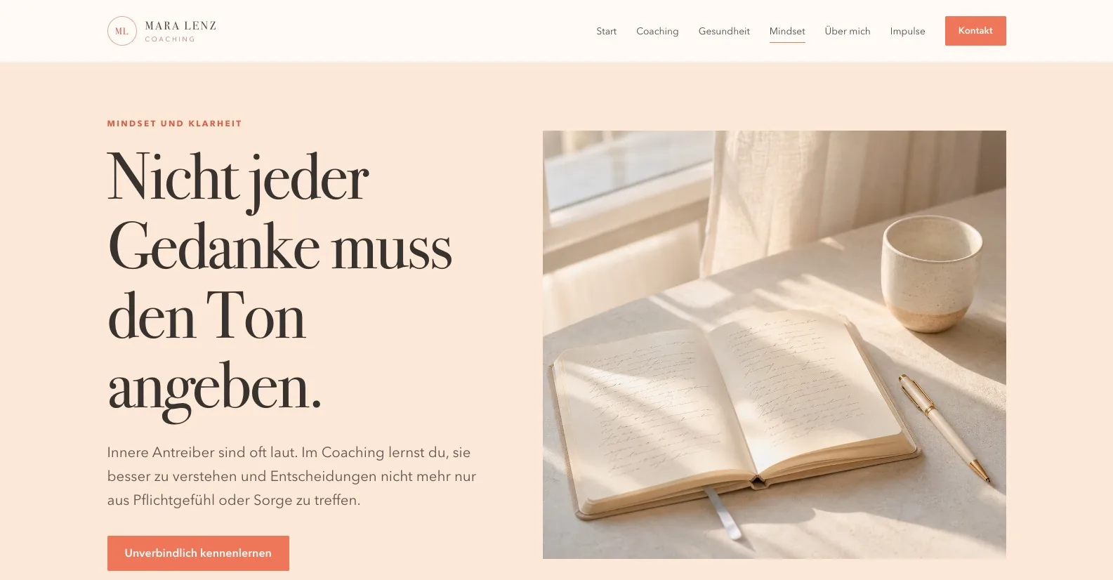 Freier Designentwurf für eine Mindset-Coaching-Seite mit Journal und klarer Themenführung