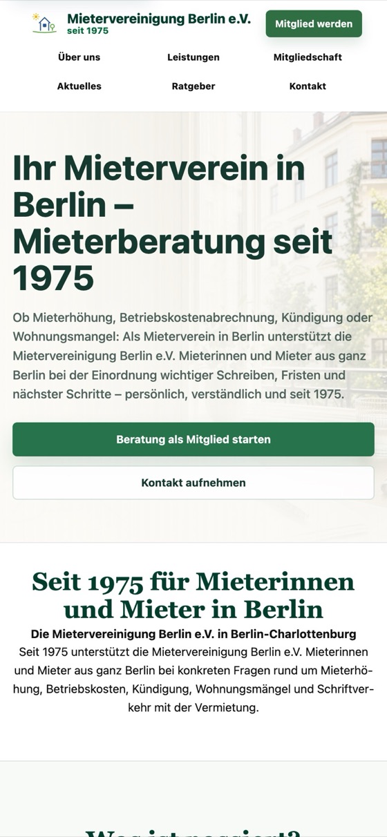 Mobilansicht der Website der Mietervereinigung Berlin e.V. auf dem Smartphone