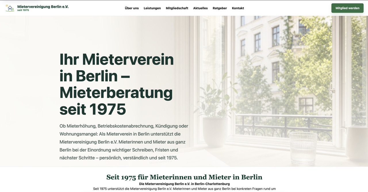 Desktop-Ansicht der Startseite der Mietervereinigung Berlin e.V.