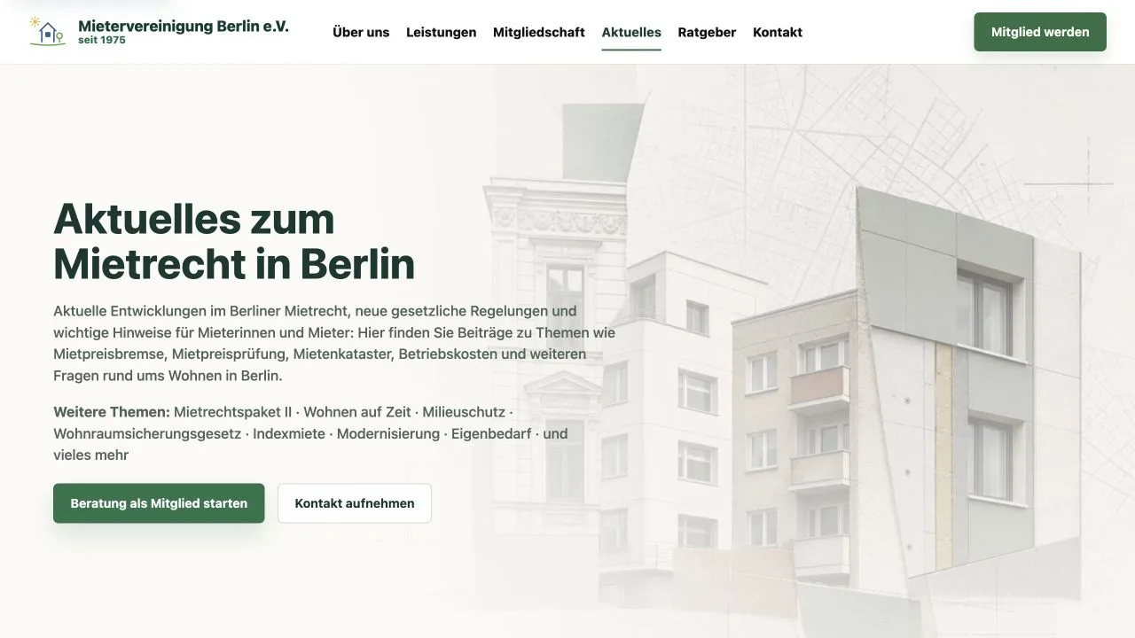 Aktuelles-Bereich der Mietervereinigung Berlin mit Meldungen zum Mietrecht