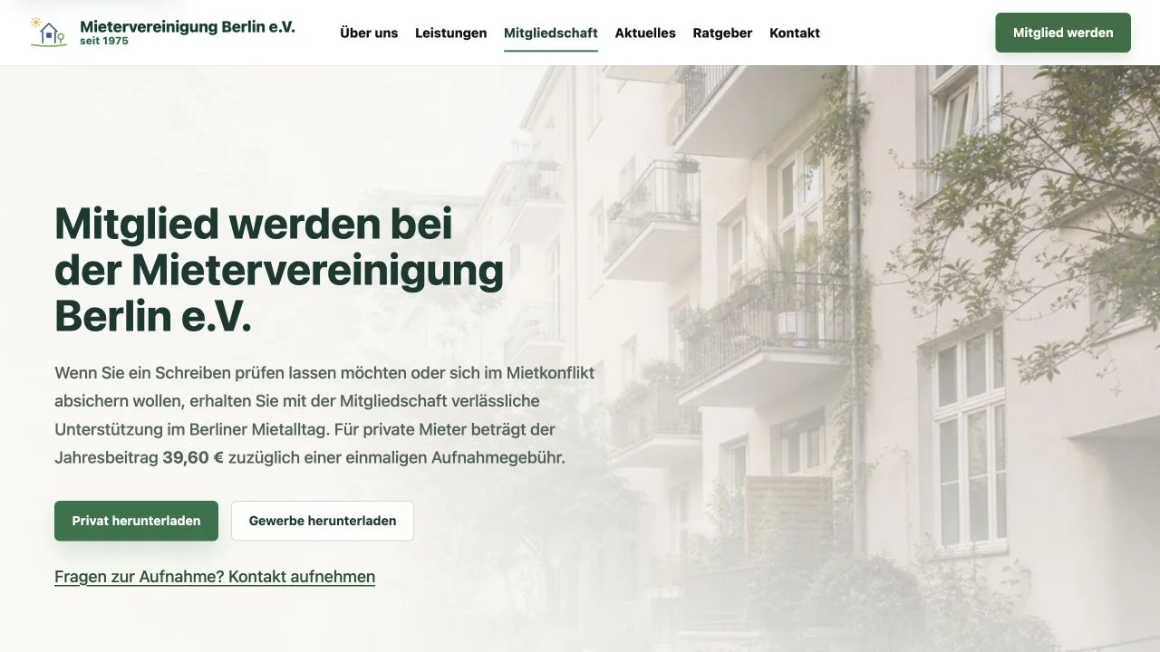 Mitgliedschaftsseite der Mietervereinigung Berlin mit verständlich dargestellten Leistungen und Beiträgen