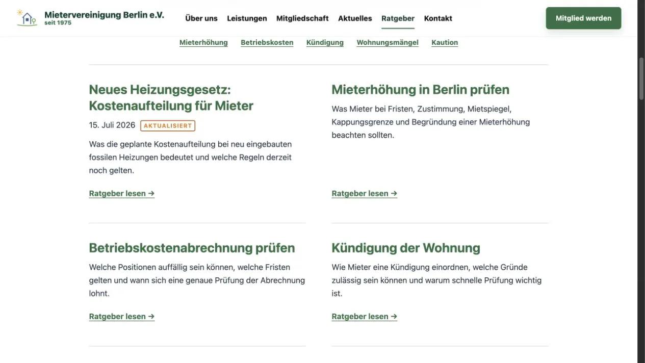 Ratgeberübersicht der Mietervereinigung Berlin mit Artikeln zu Mieterhöhung, Betriebskosten und Kündigung