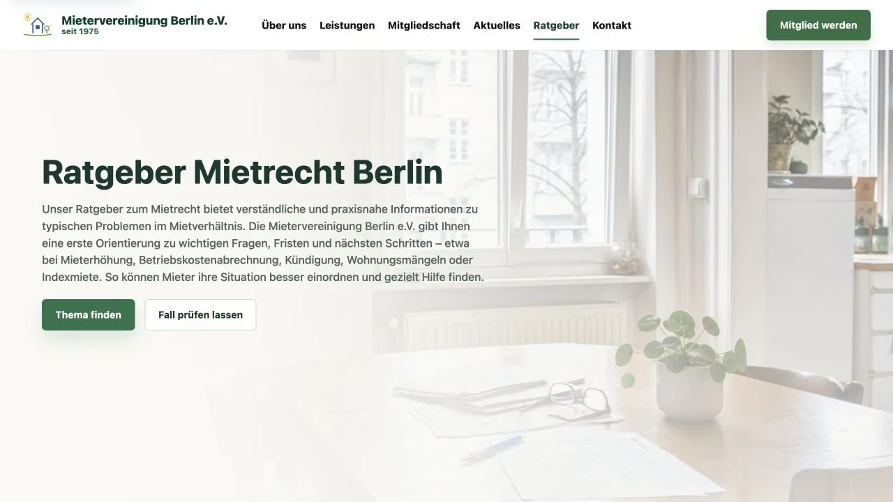Ratgeberübersicht der Mietervereinigung Berlin mit strukturierten Mietrechtsthemen