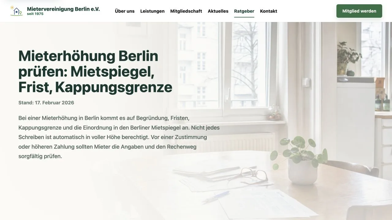 Ratgeberartikel der Mietervereinigung Berlin zum Prüfen einer Mieterhöhung