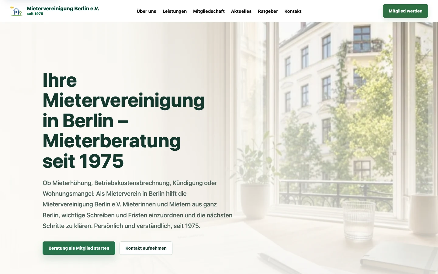 Startseite der Mietervereinigung Berlin e.V. mit Beratungsangebot, Navigation und dem Einstieg „Ihre Mietervereinigung in Berlin – Mieterberatung seit 1975“