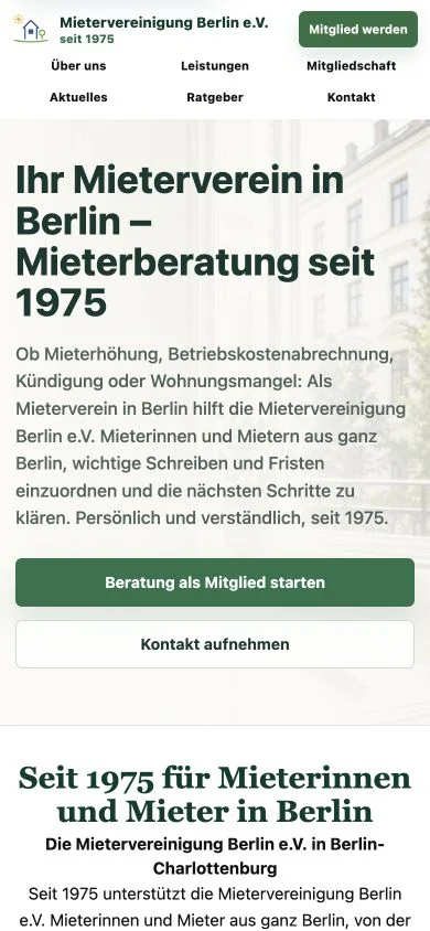 Mobile Startseite der Mietervereinigung Berlin