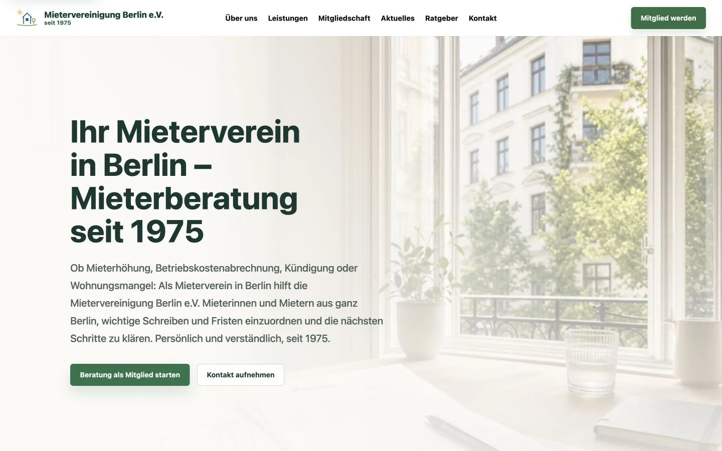 Startseite der neu aufgebauten Website der Mietervereinigung Berlin auf einem Desktop-Bildschirm
