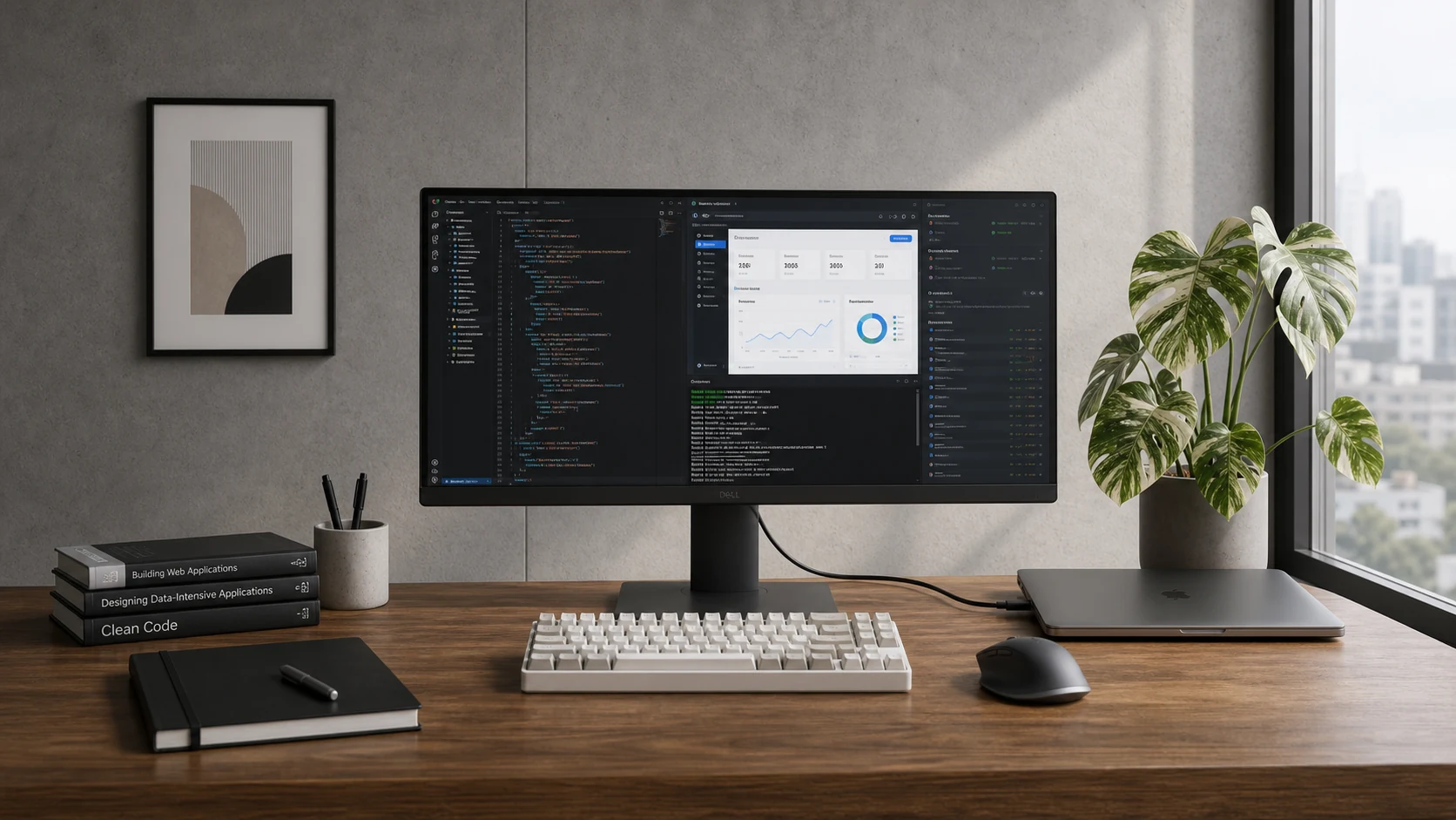 Aufgeräumter Arbeitsplatz für Web-App-Entwicklung mit Dell-Monitor, weißer Tastatur, MacBook und Web-App-Vorschau