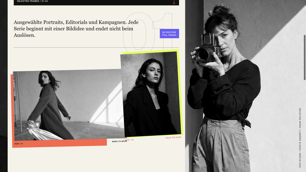 Editorial-Ansicht eines freien Fotostudio-Konzepts mit zwei Schwarz-Weiß-Porträts und farbigen Akzenten