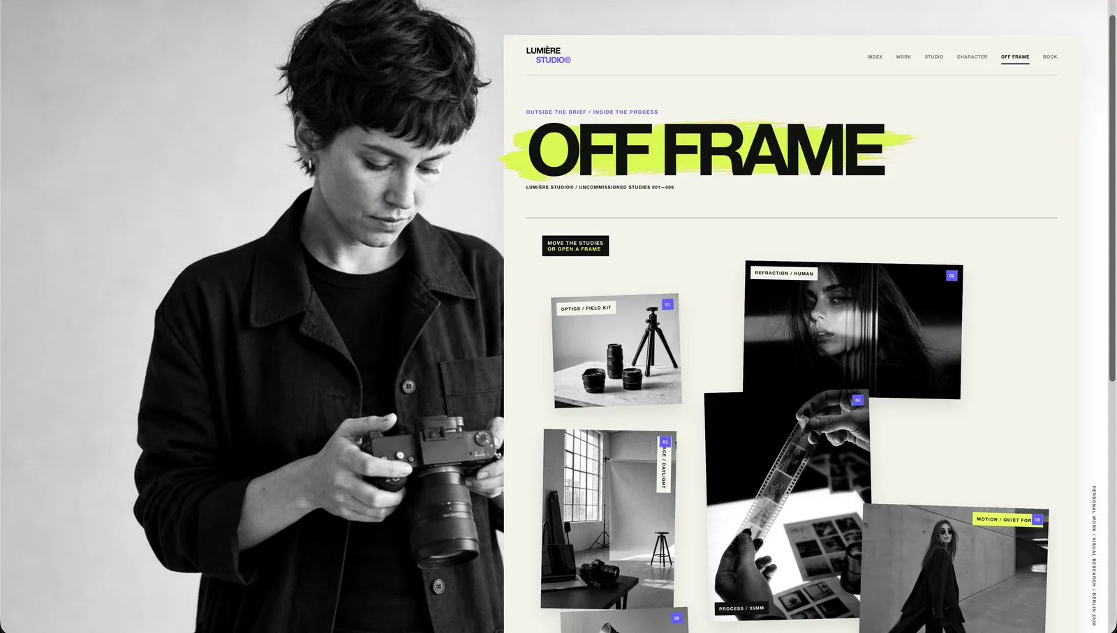 Beispielhafte Portfolio-Unterseite eines Fotostudios mit Moodboard-Collage aus Arbeitsprozess und Studioaufnahmen