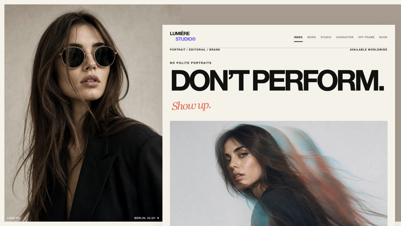 Neue Startseitenansicht eines freien Fotostudio-Konzepts mit großformatigem Porträt, markanter Typografie und klarer Navigation