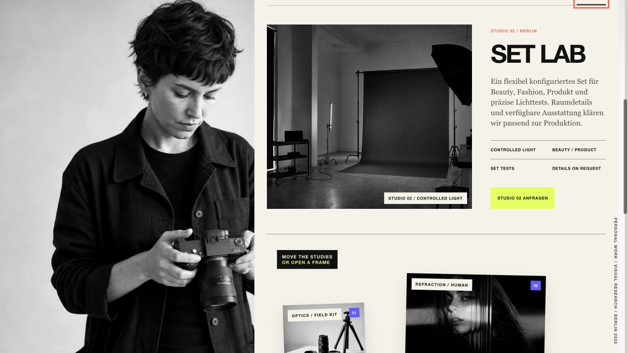 Studio 02 eines freien Fotostudio-Konzepts mit kontrolliertem Licht, Lichttechnik und flexibler Produktionsfläche