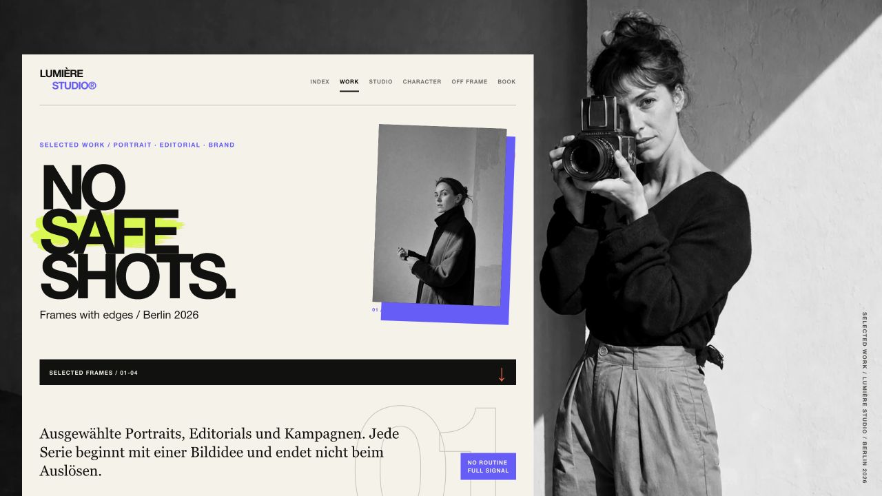 Work-Ansicht eines freien Fotostudio-Konzepts mit der Überschrift No Safe Shots, ausgewählten Arbeiten und starkem Porträt