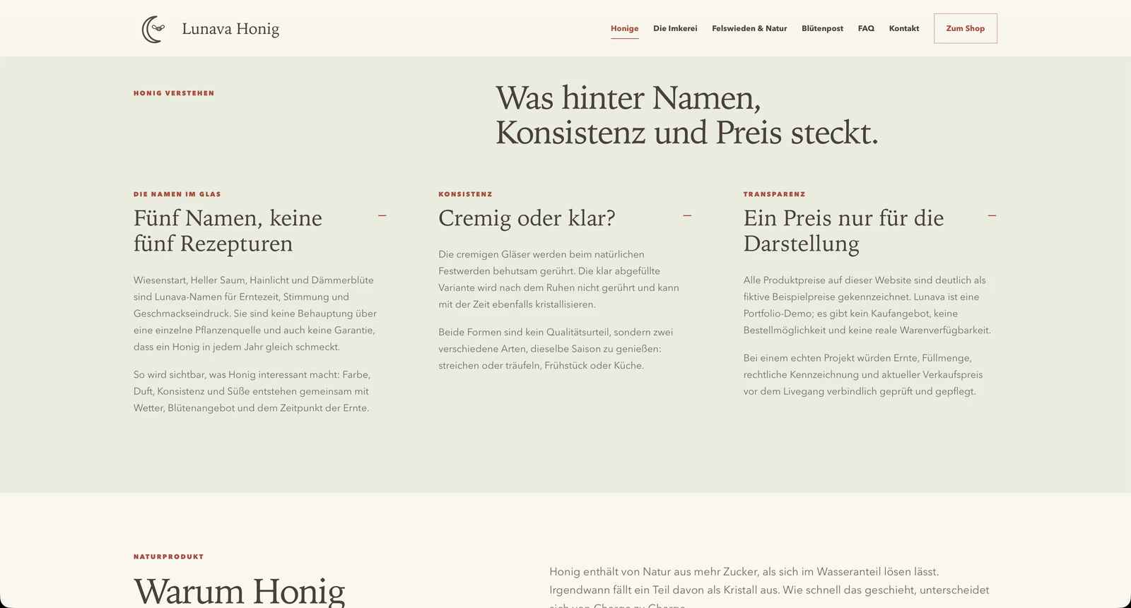 Wissensseite des fiktiven Imkerei-Konzepts Lunava Honig mit Informationen zu Namen, Konsistenz und Preis