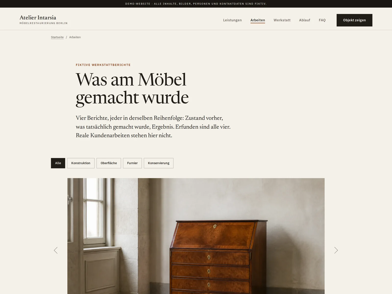 Arbeiten-Ansicht des fiktiven Konzepts Atelier Intarsia mit Filtern für Konstruktion, Oberfläche, Furnier und Konservierung