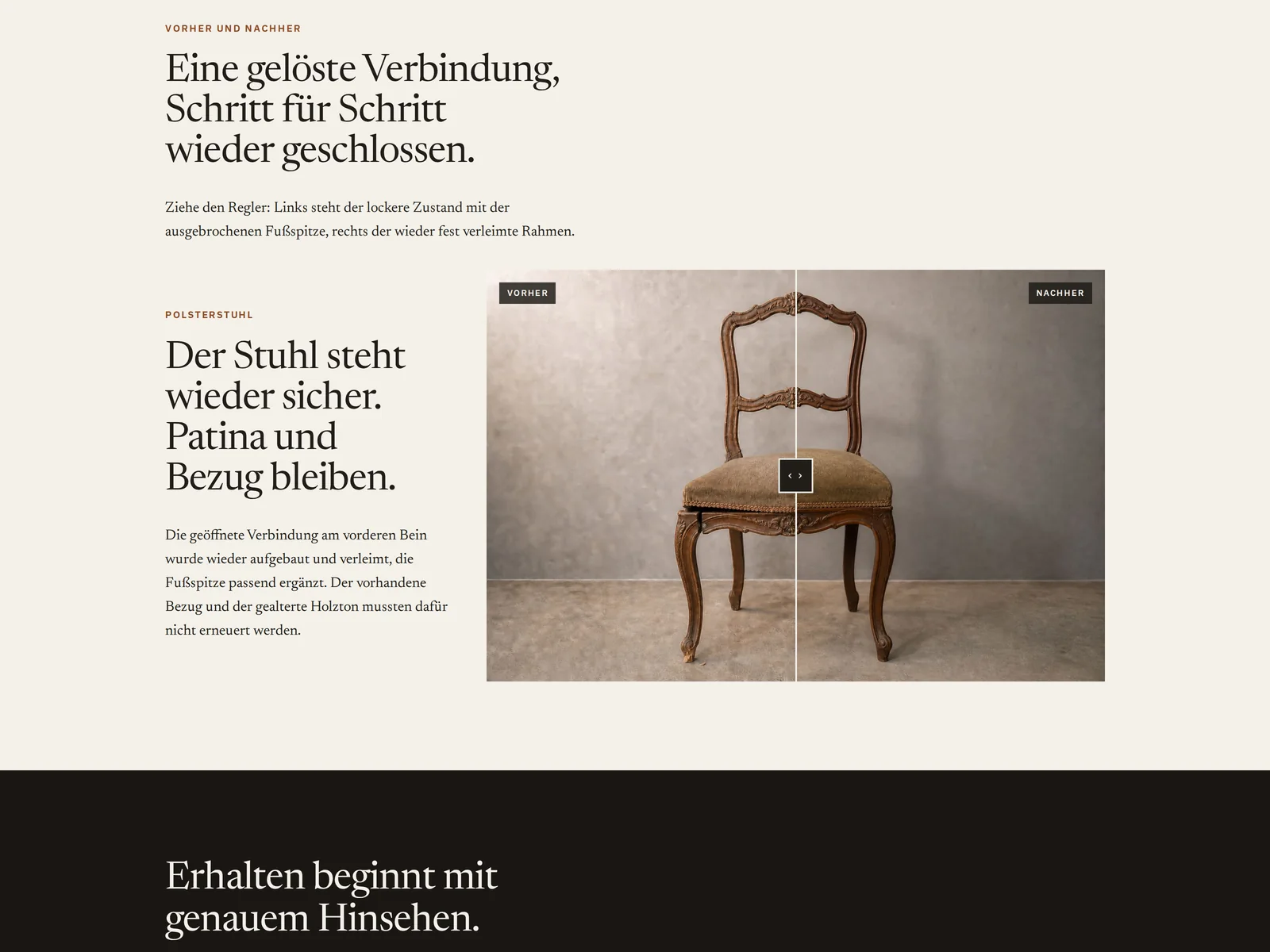 Vorher-Nachher-Ansicht des fiktiven Konzepts Atelier Intarsia mit einem Polsterstuhl und einem Regler zwischen lockerem und wieder verleimtem Zustand