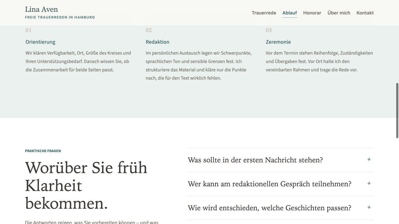 Fragen-Seite einer freien Trauerrednerin mit klar gegliederten Antworten auf praktische Fragen