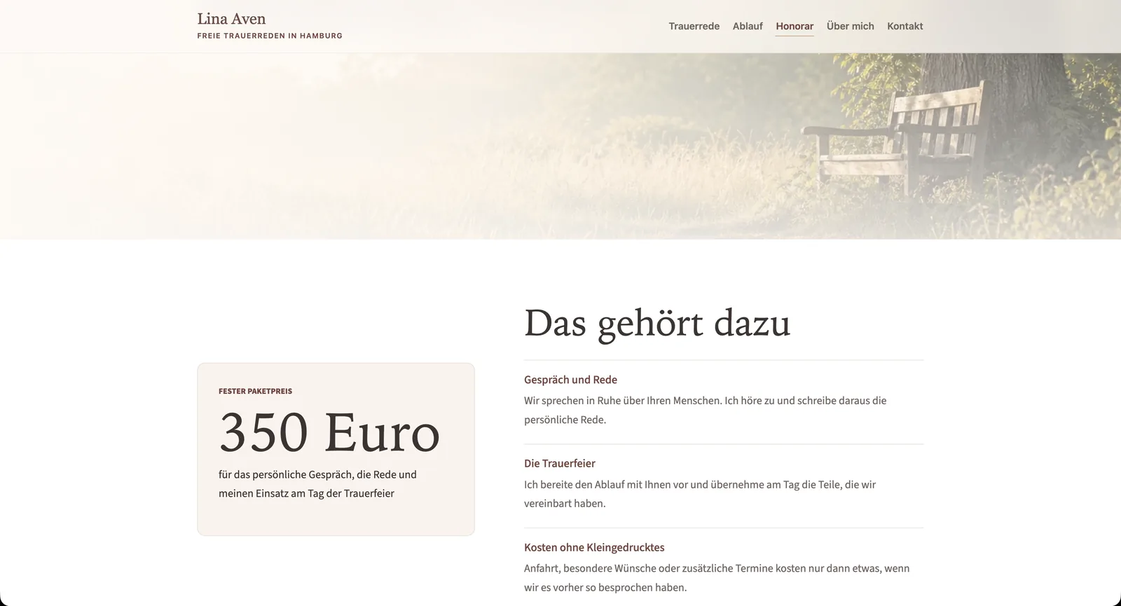 Honorar-Ansicht des fiktiven Trauerrednerin-Konzepts Lina Aven mit festem Paketpreis von 350 Euro und transparenter Aufstellung
