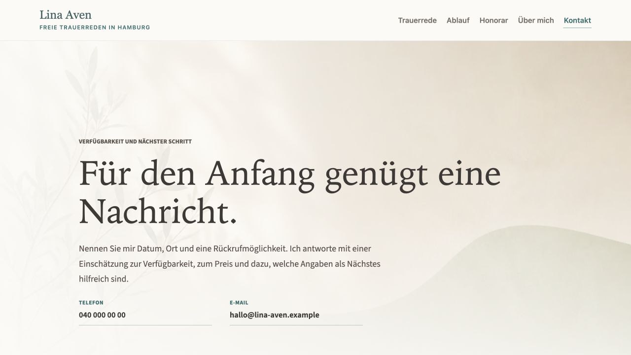 Kontakt-Seite einer freien Trauerrednerin mit ruhiger Ansprache und klaren Möglichkeiten zur ersten Nachricht