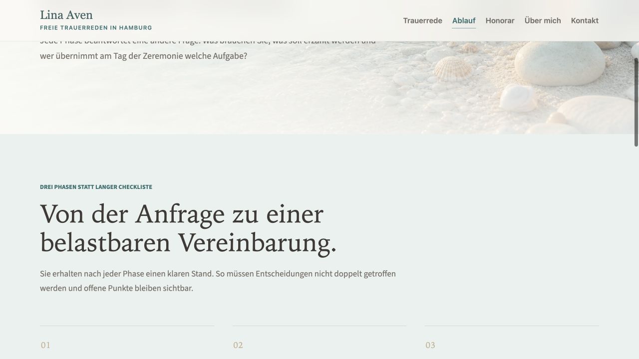 Prozess-Seite einer freien Trauerrednerin mit drei Phasen für Orientierung, Redaktion und Zeremonie