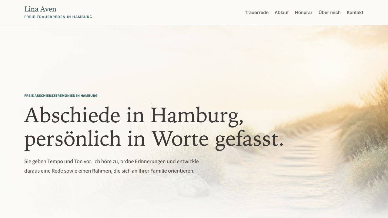 Neue Startseitenansicht einer freien Website für eine Trauerrednerin mit warmer Bildsprache und persönlicher Ansprache